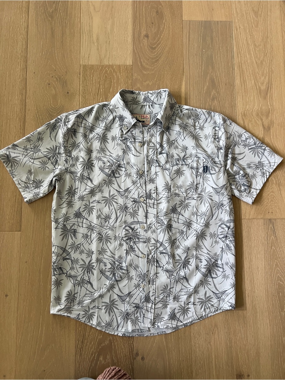 Huk Button Up Light Gray Palm-Print Short Sleeve Shirt